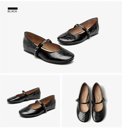 Mary Janes Women Calfskin Leather Round Toe Pleated Pattern Buckle Strap Solid Color Flat Shoes Ladies Handmade 28337