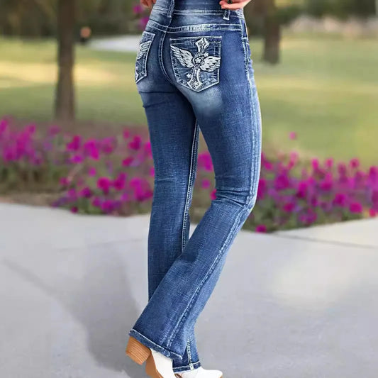 Women's High Waist Embroidery Boot Cut Jeans