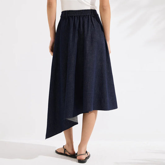 Luxury Women's Denim Skirt Cotton Spandex Linen Irregular Hem A Line Midi Skirt High End Designer Jean Skirt