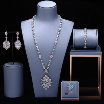 Famosa Marca Turquesa Luxo Africano Conjuntos de Joias para Mulheres Festa de Casamento Zircônia Cristal Dubai Conjunto de Joias de Noiva