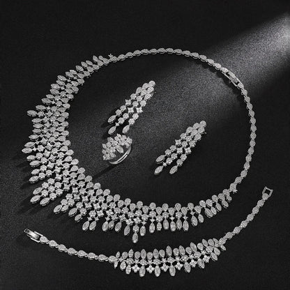 Four-piece Dubai cubic zirconia tassel pendant large chunky wedding bridal necklace luxury jewelry set for bridal party