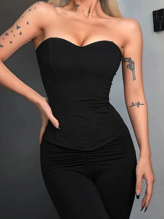 Women's black corset top, classic and stylish solid color off-the-shoulder sexy bandeau tank top, waist-cinching design to flatt