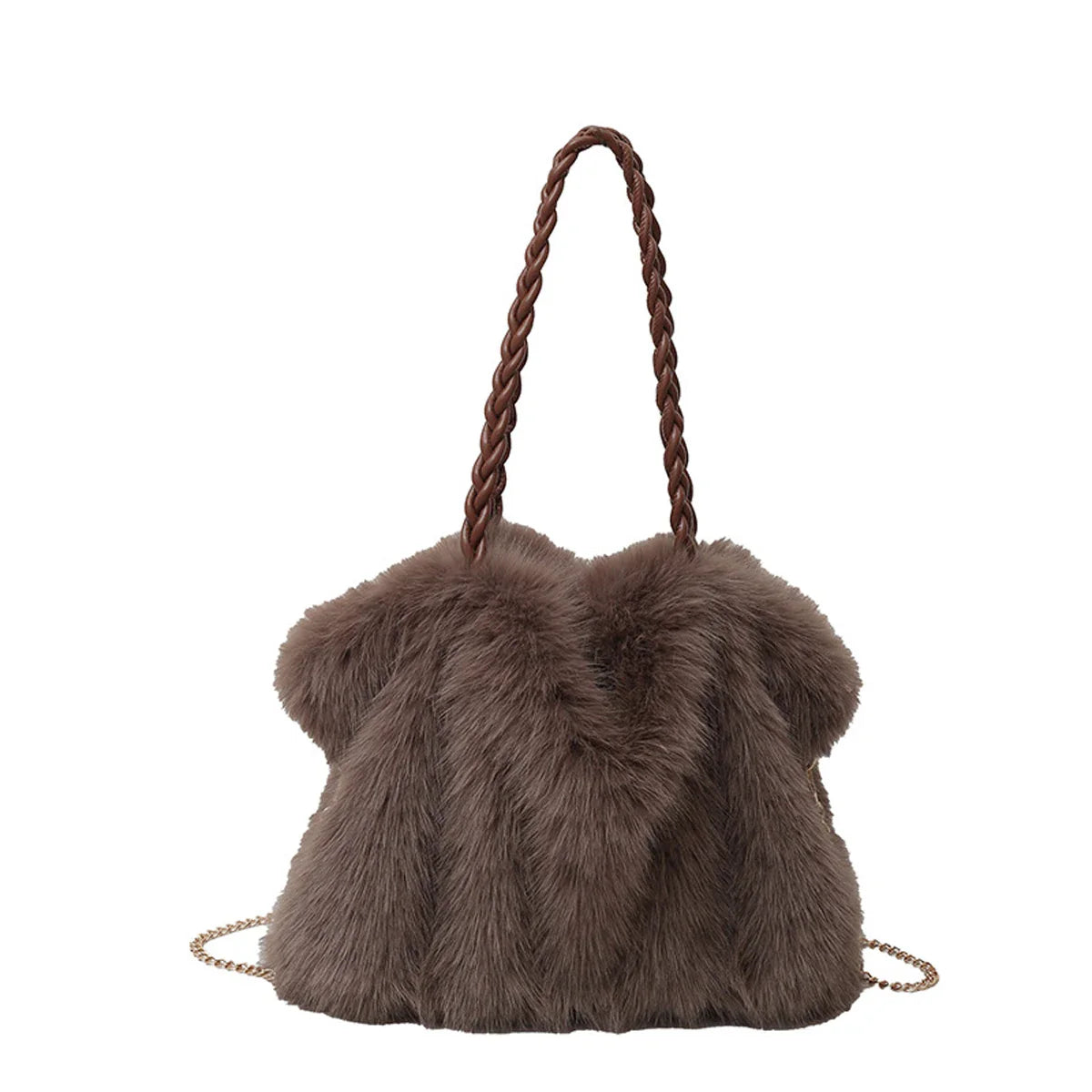 Women's Fashionable Plush Large Capacity Tote Bag High-end Pleated Fox Fur Shoulder Crossbody Bag Commuter Bag with Metal Chain