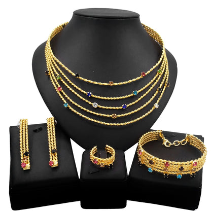 Women Jewelry Set Brazil Gold Plated Colorful Rhinestone Necklace Earrings Bracelet Cutout Design Wedding Banquet Jewelry