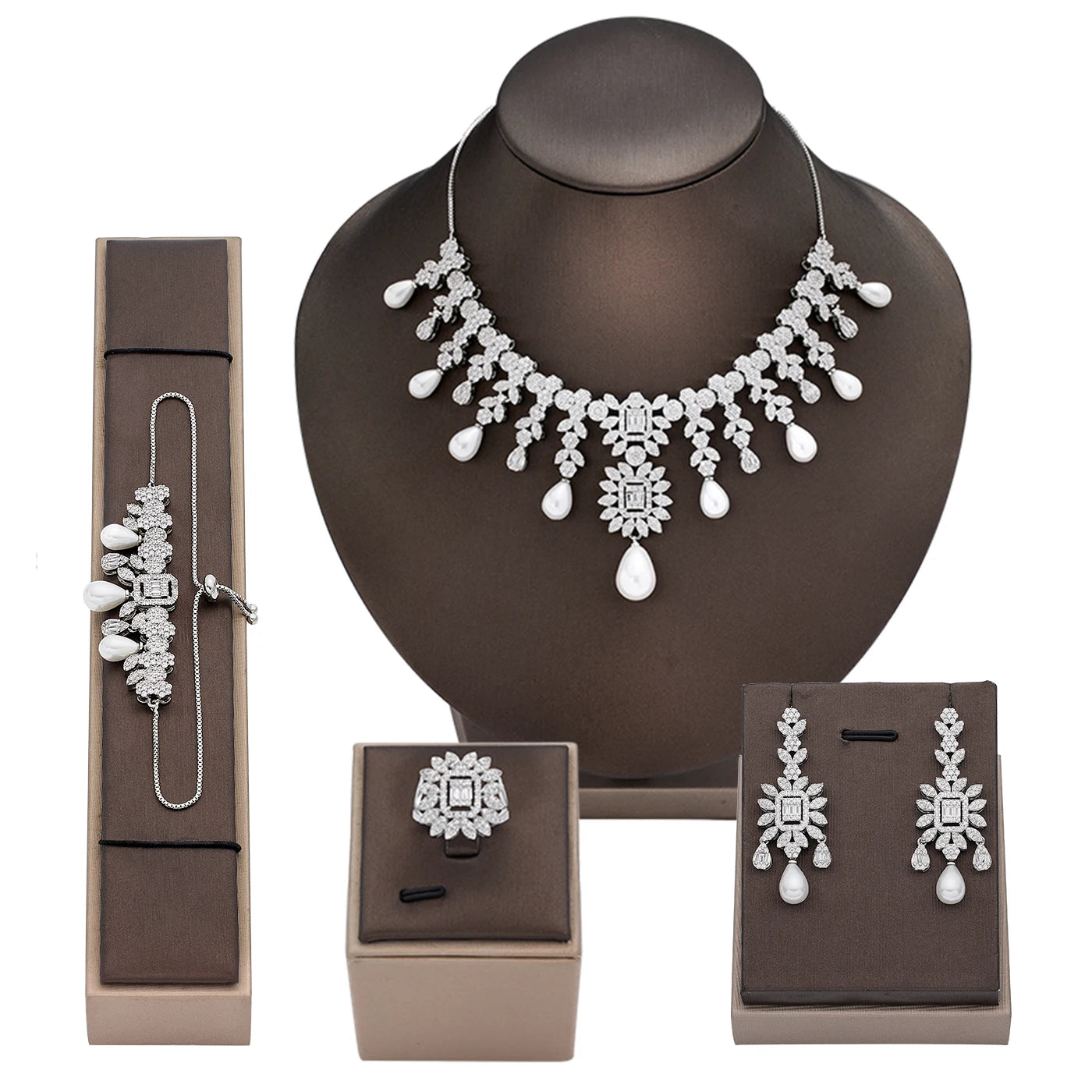 Elegante Conjunto de Joias de Noiva Pérolas Zircônias CZ Para Mulheres 4 Peças Corrente Ajustável 2024 Joia de Festa de Casamento da Noiva