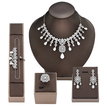 Elegante Conjunto de Joias de Noiva Pérolas Zircônias CZ Para Mulheres 4 Peças Corrente Ajustável 2024 Joia de Festa de Casamento da Noiva