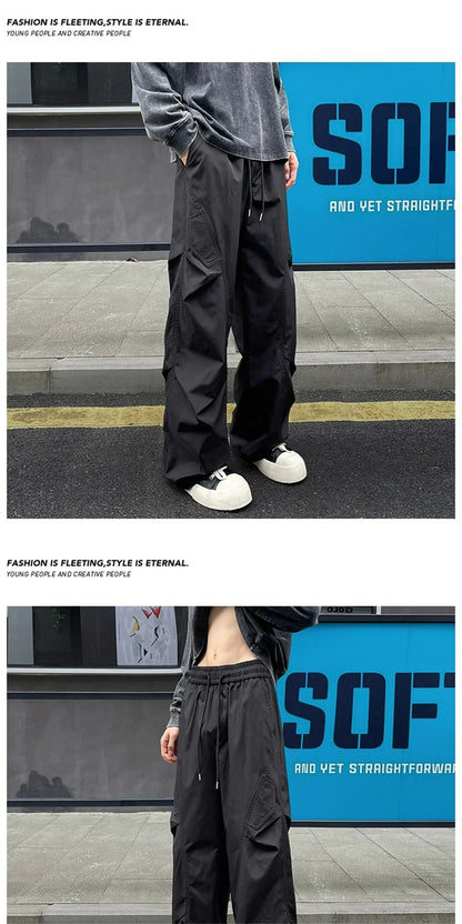Fashion ice silk quick drying pants for men's summer thin pleated paratrooper work pants for teenagers loose casual spor pants