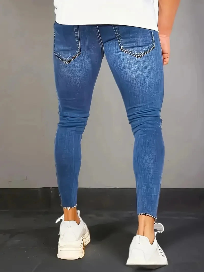 Calça Jeans Masculina Slim Lavada - Azul Claro Cinco Bolsos Vintage | Visual Autêntico Desbotado para o Outono/Inverno com Vibrações Vintage