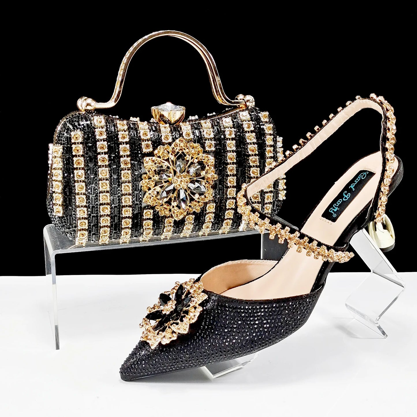 Party Perfection: Rhinestone-Embellished Heels and Gold Mini Bag for Elegant Nights