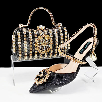Party Perfection: Rhinestone-Embellished Heels and Gold Mini Bag for Elegant Nights