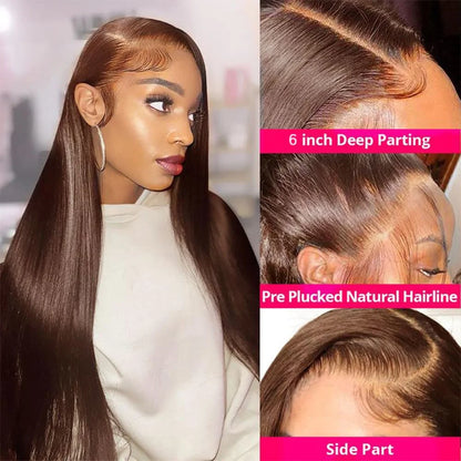 30 36 Inch Chocolate Brown 13x4 Straight Human Hair Lace Front Wig Brazilian Colored 13X6 Transparent Lace Frontal Wig For Women