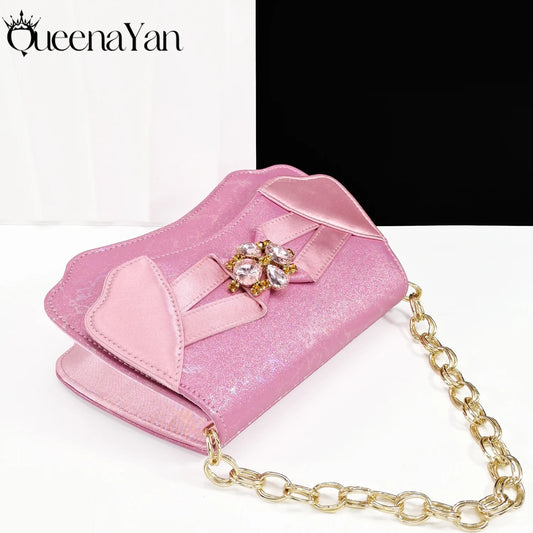 Queena Yan Elegant Pink Rhinestone Low-Heel Shoes & Handbag Set – Luxury Wedding & Party Accessories