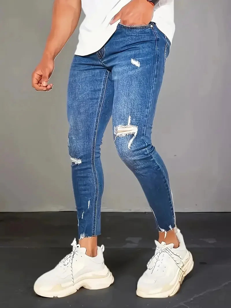 Calça Jeans Masculina Slim Lavada - Azul Claro Cinco Bolsos Vintage | Visual Autêntico Desbotado para o Outono/Inverno com Vibrações Vintage