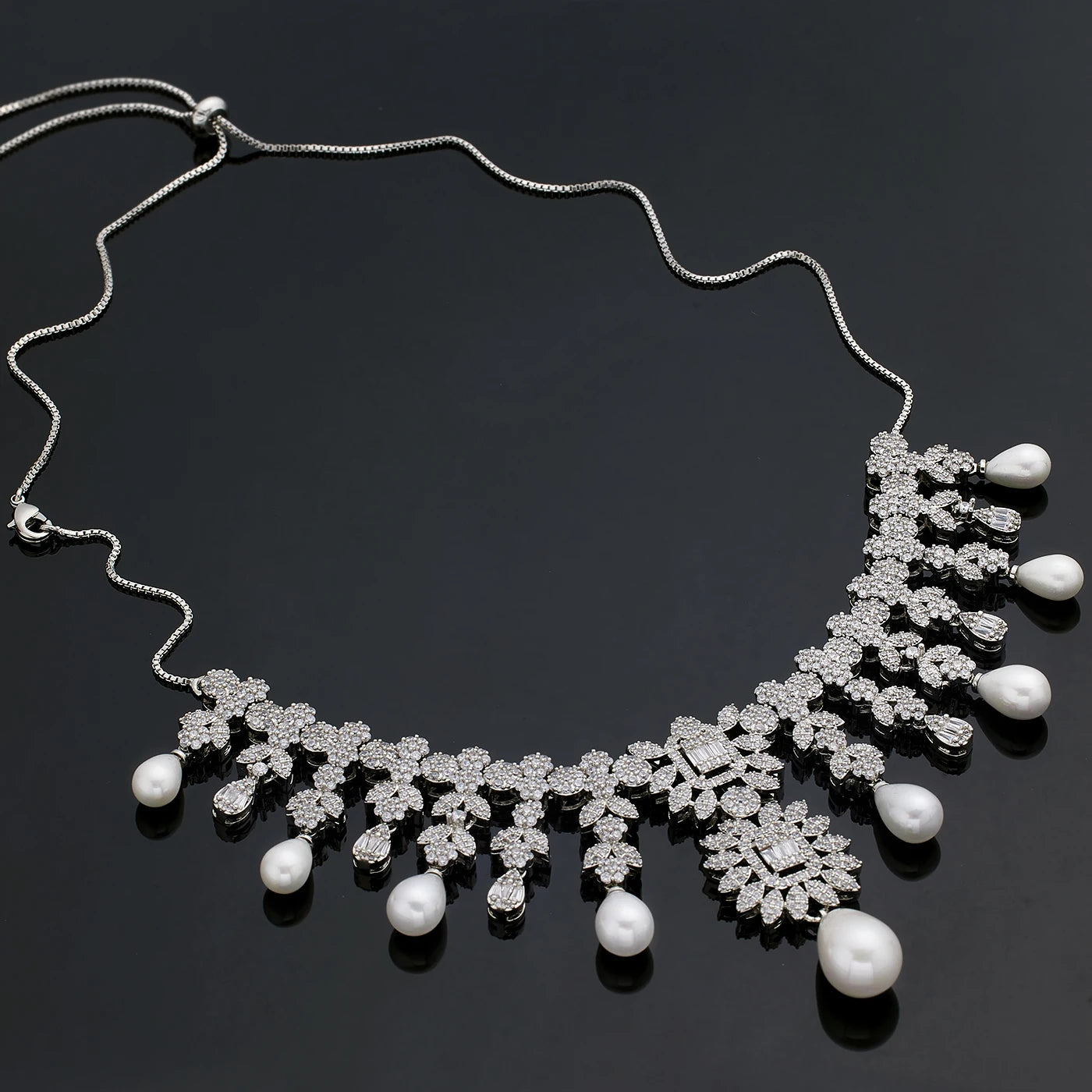 Elegante Conjunto de Joias de Noiva Pérolas Zircônias CZ Para Mulheres 4 Peças Corrente Ajustável 2024 Joia de Festa de Casamento da Noiva