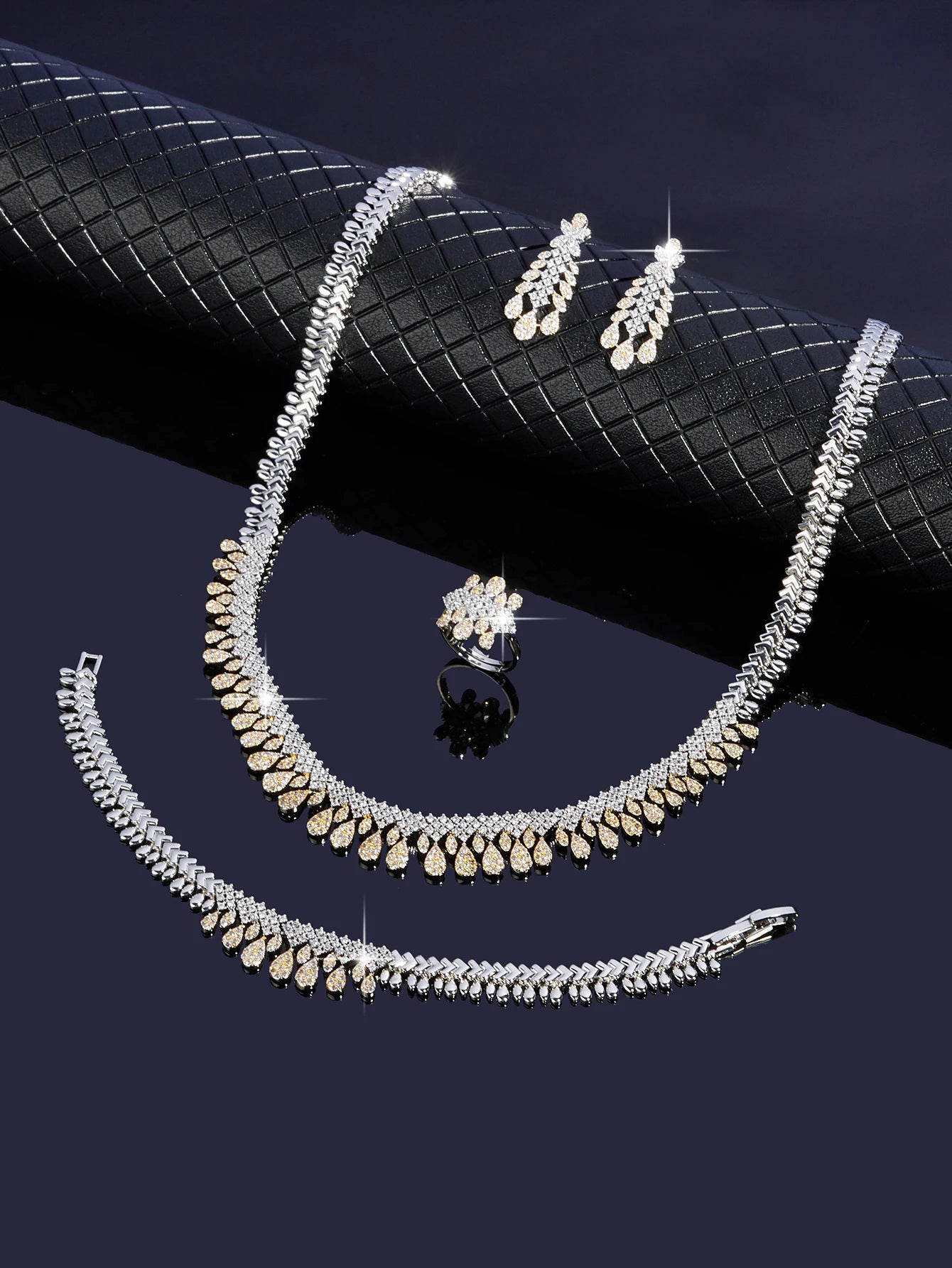 Bridal Two Color Zirconia For Women Party Luxury Dubai Necklace Bracelet Earringa Rings CZ Crystal Wedding Jewelry Sets