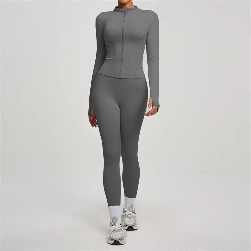 Yoga Coat Sports Top Long Sleeve Jacket Fitness Breathable Women's Tracksuit High Waist Leggings Two Piece Set Gym Clothes