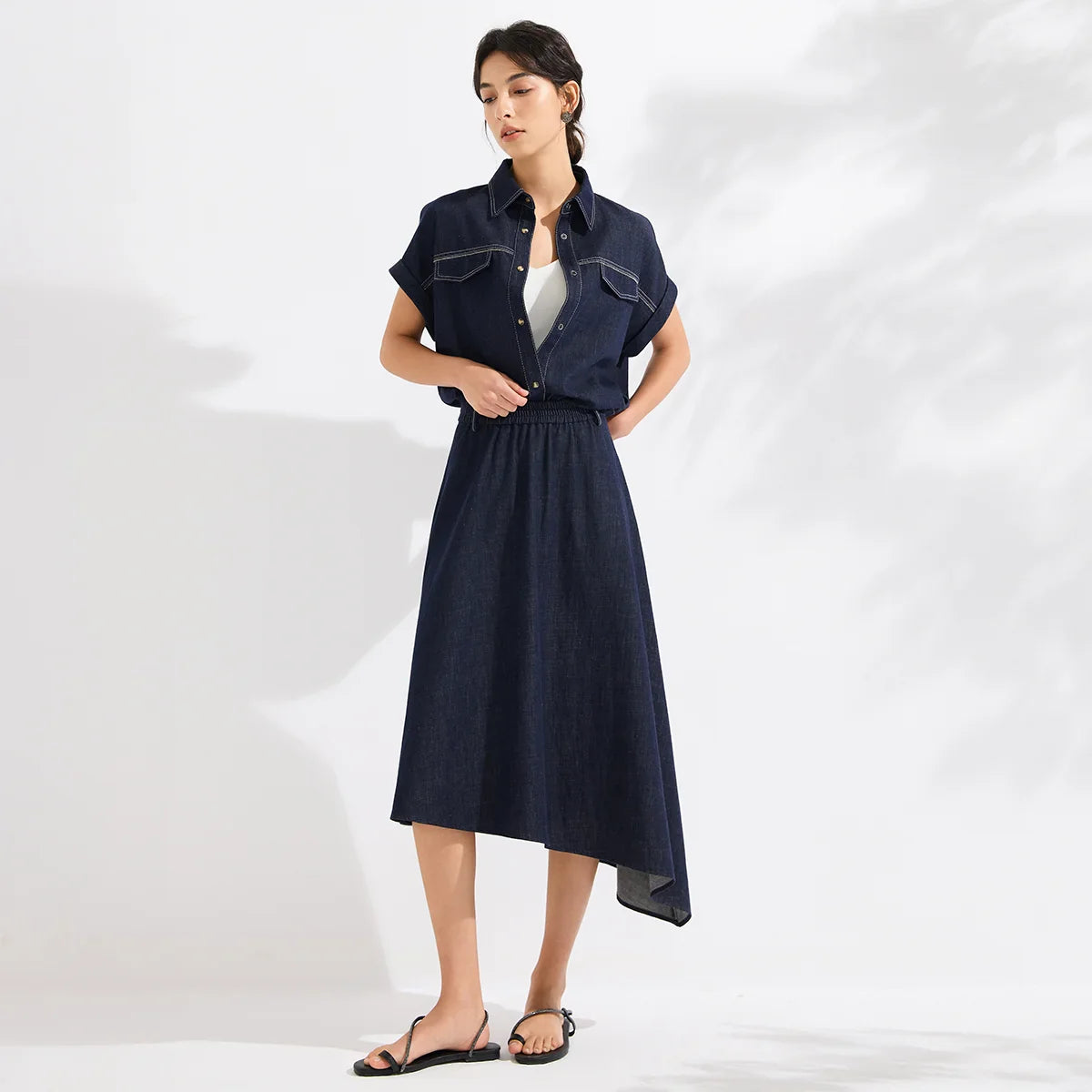Luxury Women's Denim Skirt Cotton Spandex Linen Irregular Hem A Line Midi Skirt High End Designer Jean Skirt