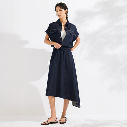 Luxury Women's Denim Skirt Cotton Spandex Linen Irregular Hem A Line Midi Skirt High End Designer Jean Skirt