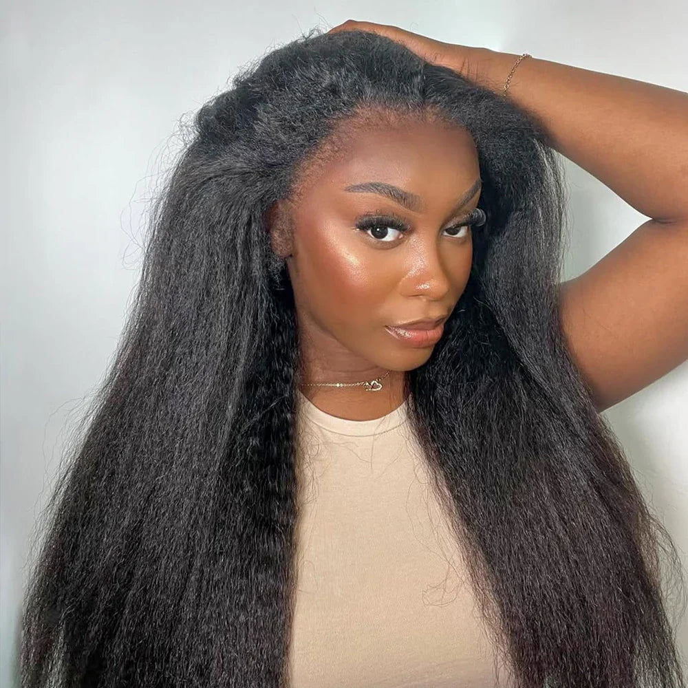 13x4 Kinky Straight Lace Front Human Hair Wig With Kinky Edges Baby Hair Glueless Yaki Straight HD Lace Frontal Wig 250% Denisty