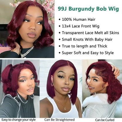Bob Wig Human Hair 13x4 Frontal Lace Wig Body Wave HD Lace Front Wigs Human Hair Pre Plucked 99J,4/27 and natural Wigs for Women