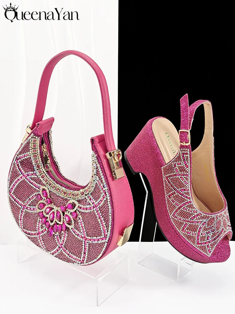 African Shoe and Bag Set for Wedding Women Shoes and Bag To Match Set with Rhinestone Italy Pumps Women Shoes Luxury