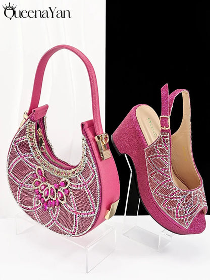African Shoe and Bag Set for Wedding Women Shoes and Bag To Match Set with Rhinestone Italy Pumps Women Shoes Luxury