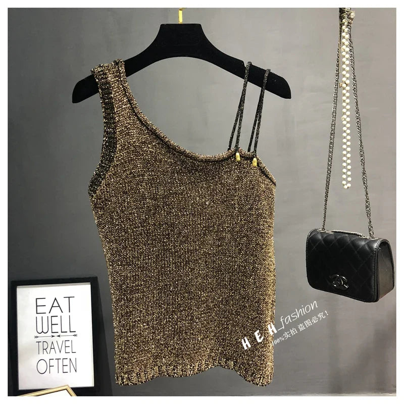 Summer New Sexy Inclined Shoulder Joker Sweater Vest Show Thin Shiny Bright Silk Easy Ins Condole Top Female