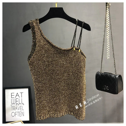 Summer New Sexy Inclined Shoulder Joker Sweater Vest Show Thin Shiny Bright Silk Easy Ins Condole Top Female