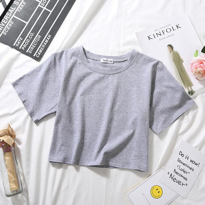 Summer Short Sleeve T Shirts Women  Solid T-shirt O Neck High Waist Crop Top Tee Female Casual Loose T Shirt