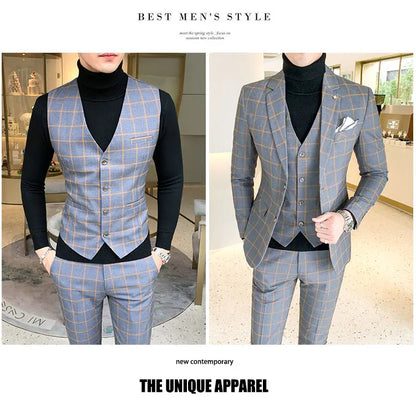 Blazer and Vest and Pants / Boutique Fashion Plaid Men's Casual Business Suit 3pcs Set Groom Wedding Dress Performance Costume