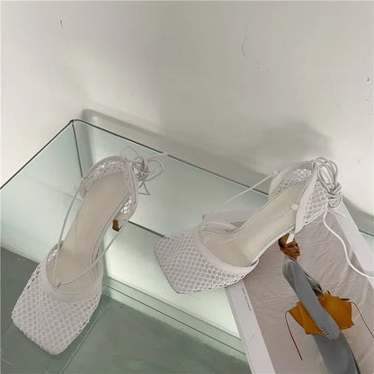 White Hollow Mesh Woman Pumps Sandals Square Toe High Heel Ankle Lace Up Cross-tied Party Dress Female Shoes