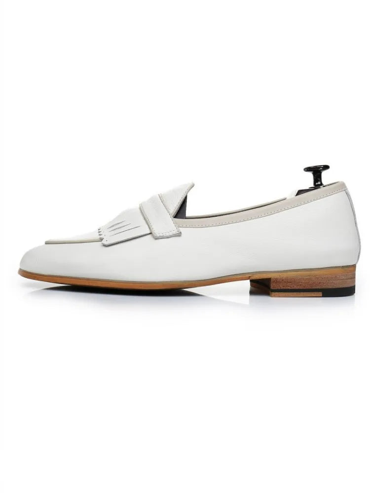 Spring Men Office Work Formal Shoes Slip On Loafers White Moccasin Gommino Wedding Vintage Tassels Genuine Leather Dress Shoes