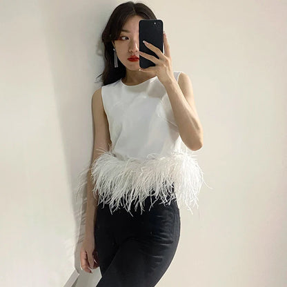 Black Patchwork Feathers Korean Fashion Shirt Top Women Round Neck Sleeveless Slim Tops Female 2021 Summer Clothing