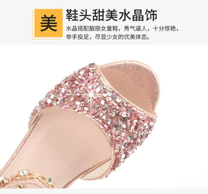Girls Sandals Children Crystal Shoes 2023 Summer Kids Glitter Shoes High Heels Sequined Rhinestone Pendants Open Toes Princess