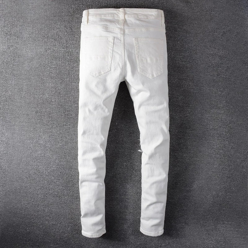 Men's White Crystal Holes Ripped Jeans Fashion Slim Skinny Rhinestone Stretch Denim Pants