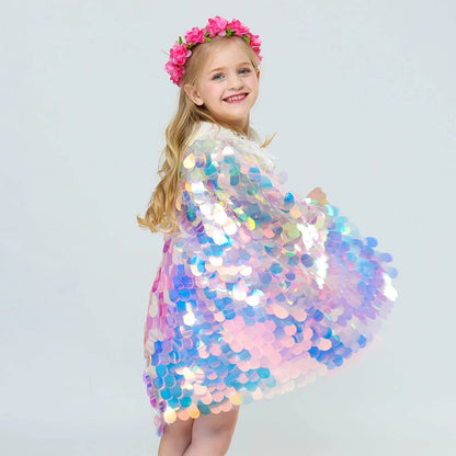Novo Pequena Sereia Princesa Meninas Lantejoulas Capa Manto para Roupas de Festa na Praia Crianças Xale Arco-íris Cosplay Roupa de Natal