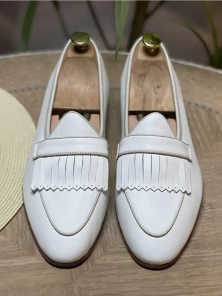 Spring Men Office Work Formal Shoes Slip On Loafers White Moccasin Gommino Wedding Vintage Tassels Genuine Leather Dress Shoes