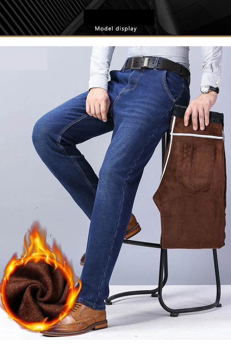 2023 Winter Men Black Blue Straight Stretch Denim Thick Velvet Pants Warm Jeans Casual Fleece Line Trousers Male Plus Size