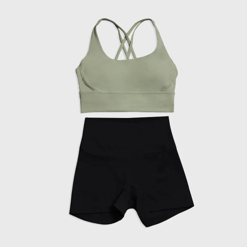 SOISOU Gym Womens Clothing Shorts Sets Yoga Women's Tracksuit Sexy Bra High Waist Short Sportwear Elastic Set Woman 2 Pieces