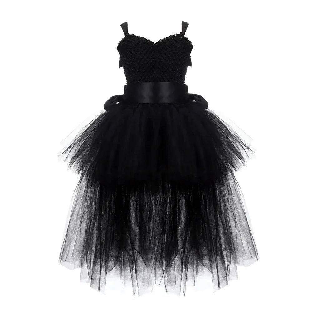 Vestido Tutu Rosa e Preto para Meninas, Vestido de Tule com Cauda e Decote V para Festa de Aniversário, Vestido de Baile para Meninas, Fantasias de Halloween Infantis