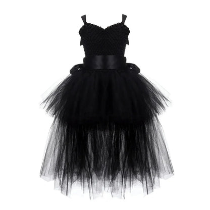 Vestido Tutu Rosa e Preto para Meninas, Vestido de Tule com Cauda e Decote V para Festa de Aniversário, Vestido de Baile para Meninas, Fantasias de Halloween Infantis