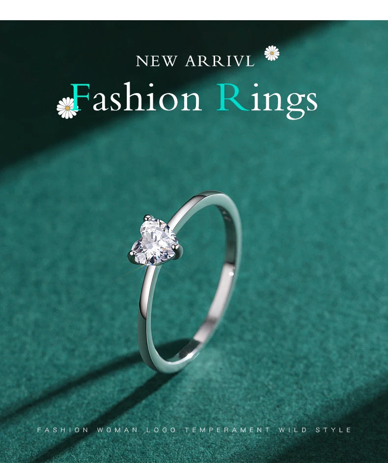 Authentic 925 Sterling Silver Simple Love Heart AAAAA Zirconia Sparkling Finger Ring For Women Female Wedding Jewelry