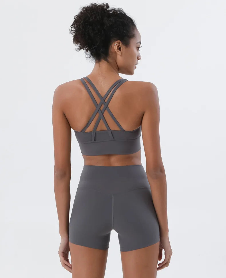 SOISOU Gym Womens Clothing Shorts Sets Yoga Women's Tracksuit Sexy Bra High Waist Short Sportwear Elastic Set Woman 2 Pieces