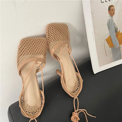 White Hollow Mesh Woman Pumps Sandals Square Toe High Heel Ankle Lace Up Cross-tied Party Dress Female Shoes