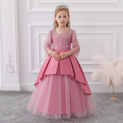 Teens Sequin Bridesmaid Girls Party Dress Long Sleeve First Communion Gown Wedding Party Princess Dresses Bow Christmas Costumes