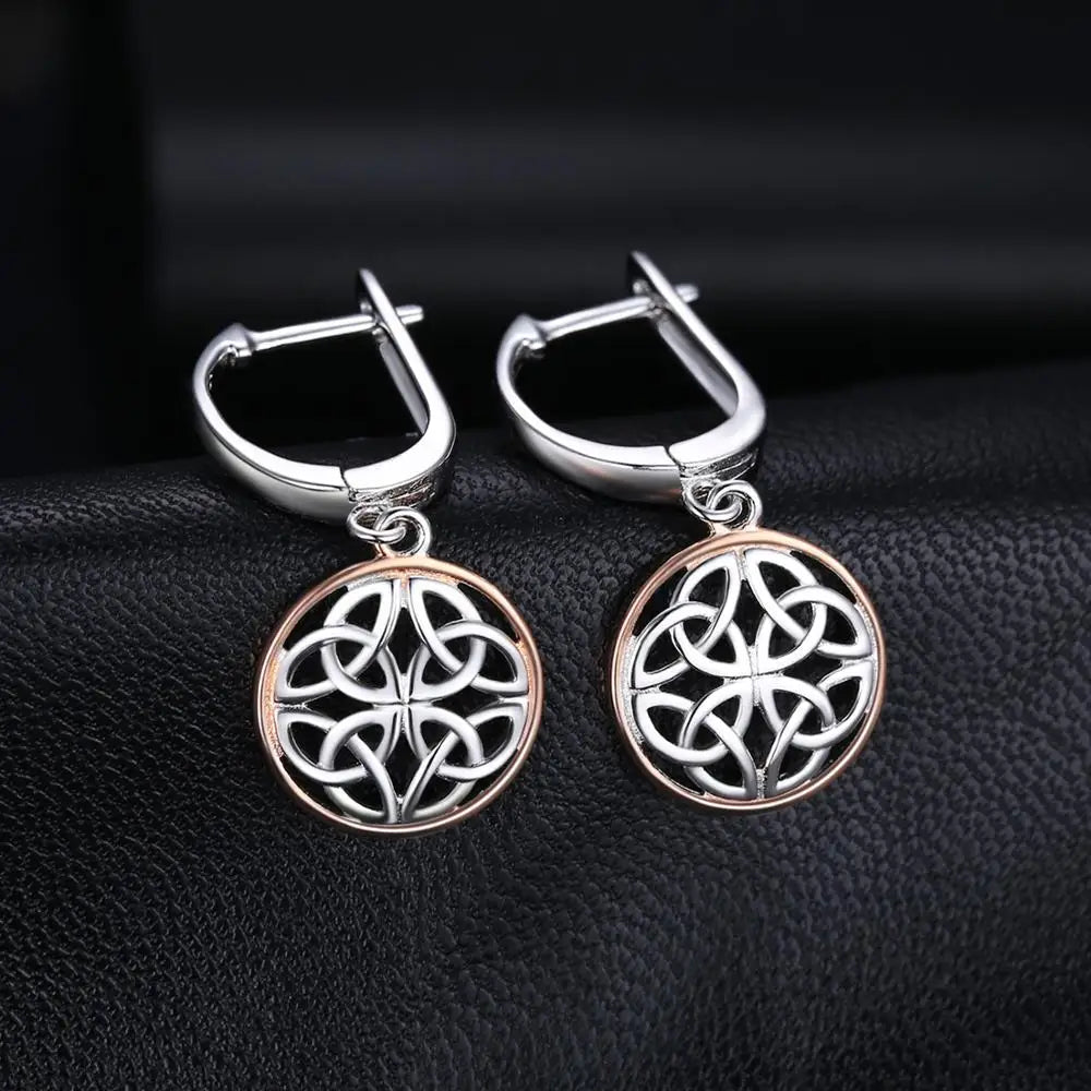 Celtic Knot Irish Rose Gold 925 Sterling Silver Hoop Drop Earrings for Women Fashion Circle Huggies Earrings