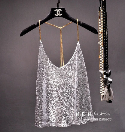 Sequins Condole Belt Vest, Women's Fashion Wear Tops 2023 Suumer Sexy Low-cut Loose T-shirts tank top  tops