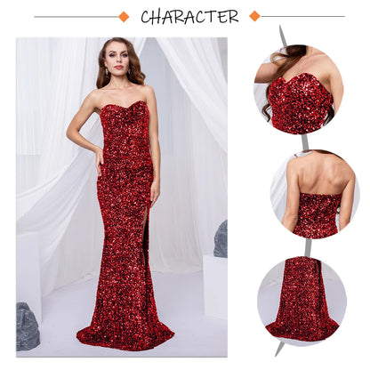 Red Sequin Strapless Cocktail Prom Dresses Stretch Velvet Sexy Slit Leg Paded Backless Mermaid Formal Evening Dress 2025