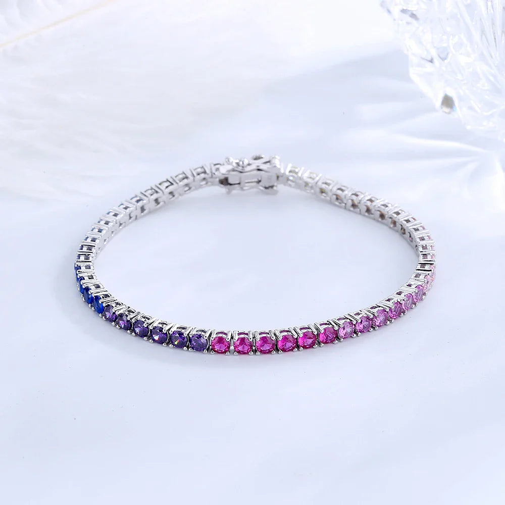 Pure Silver 14-21 cm Tennis Bracelet Pave 3 mm Bling Rainbow Zircon Beautiful Real 925 Jewelry For Women