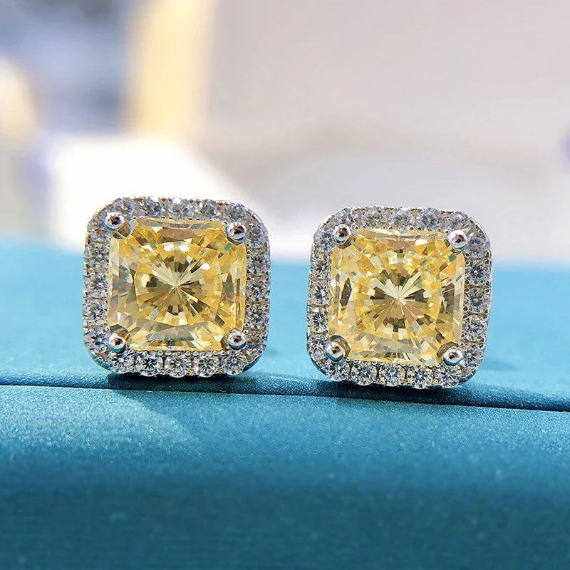 100% 925 Sterling Silver 7*7mm Pink Yellow High Carbon Diamond Stud Earrings For Women Sparkling Wedding Fine Jewelry Gift